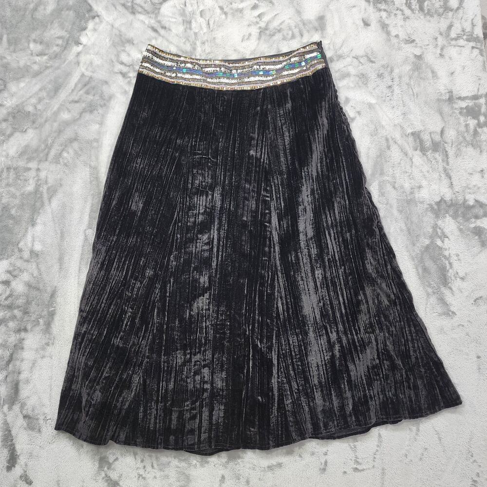Vintage Anne Carson Skirt‎ Womens 8 Black Pleated Velvet Broomstick Midi Beaded